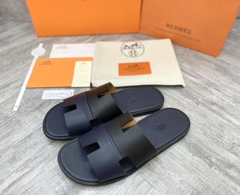 Dép Hermes Nam da Trơn 2 Màu (Bicolor) Xanh Đen