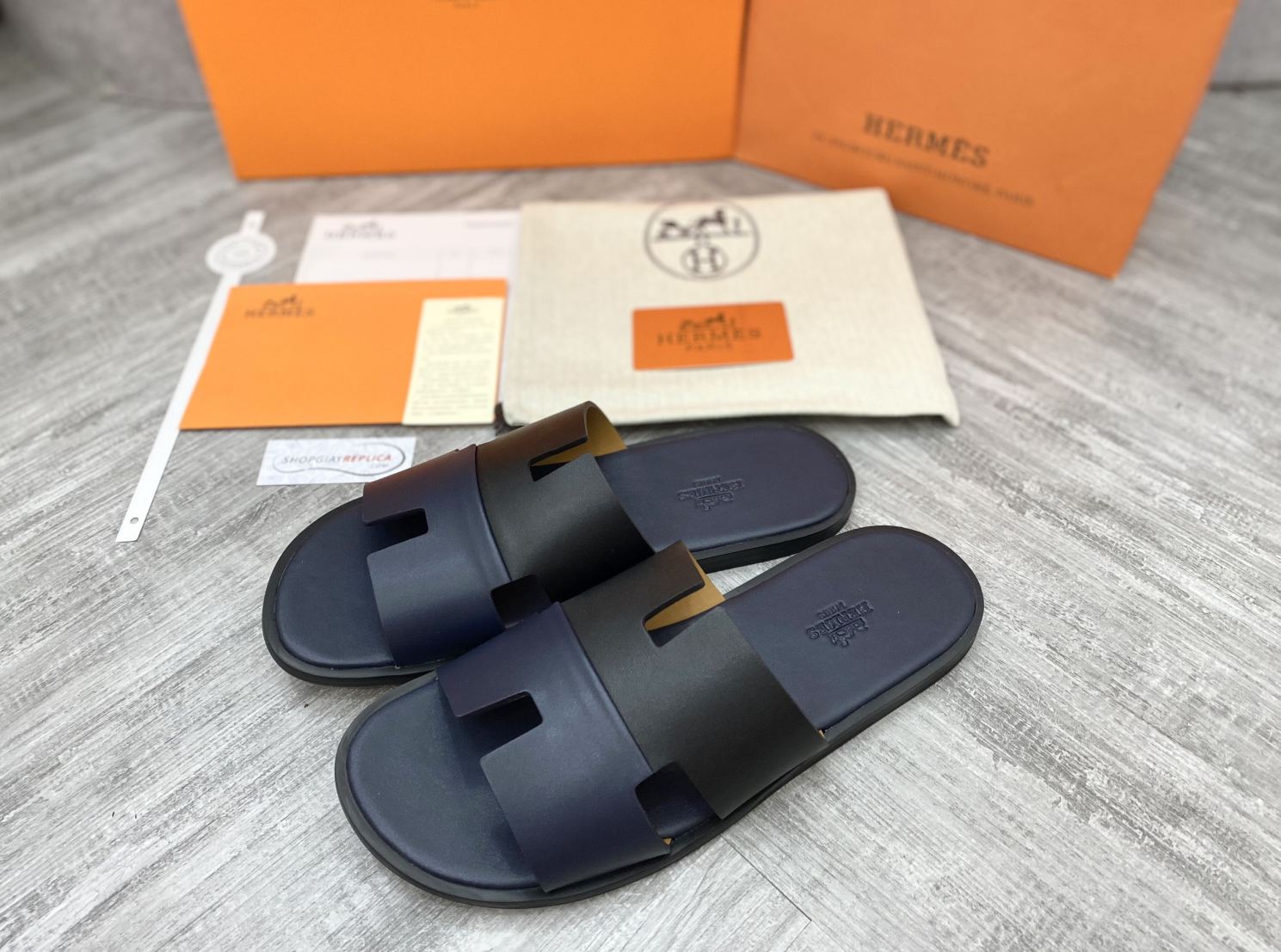 Dép Hermes Nam da Trơn 2 Màu (Bicolor) Xanh Đen