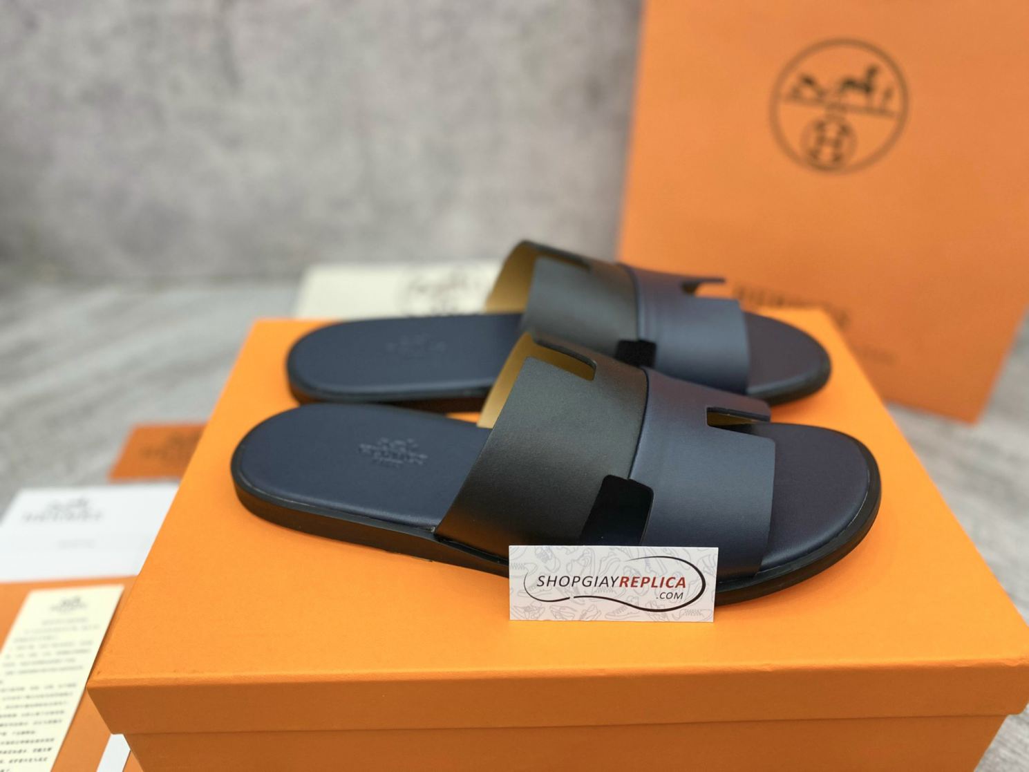 Dép Hermes Nam da Trơn 2 Màu (Bicolor) Xanh Đen