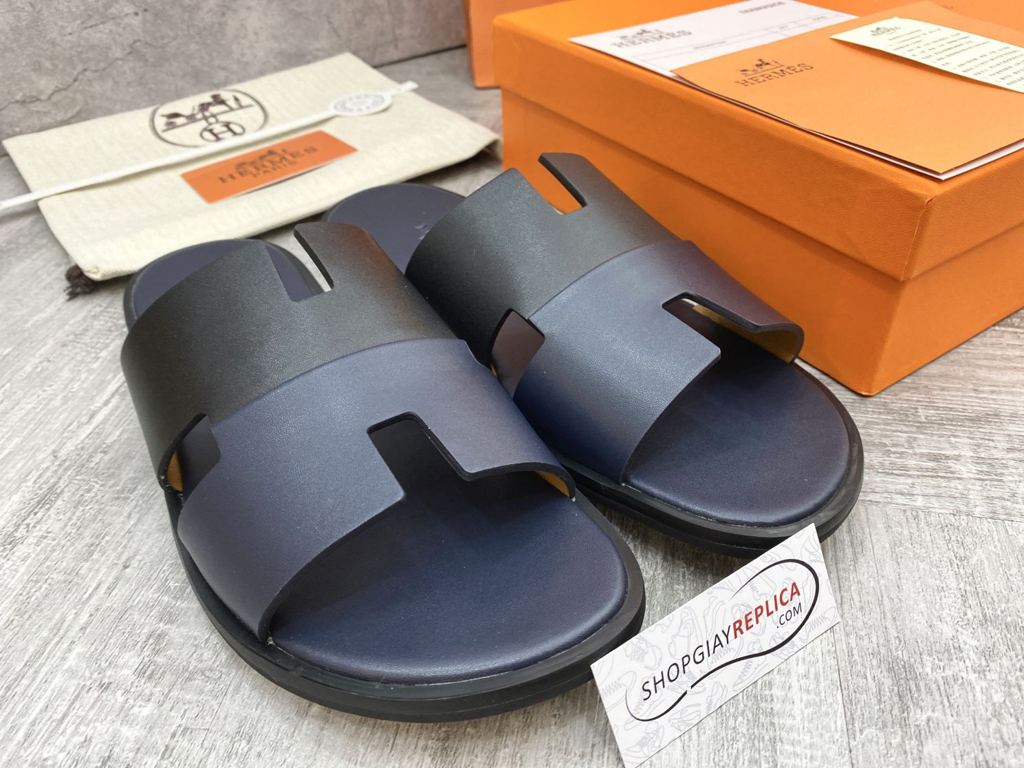 Dép Hermes Nam da Trơn 2 Màu (Bicolor) Xanh Đen