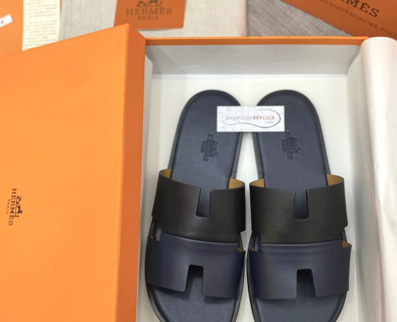 Dép Hermes Nam da Trơn 2 Màu (Bicolor) Xanh Đen