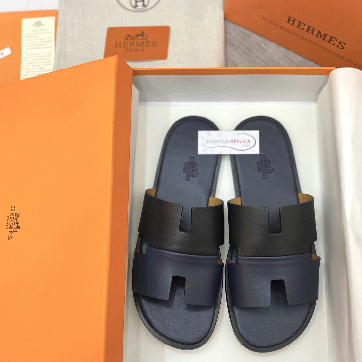 Dép Hermes Nam da Trơn 2 Màu (Bicolor) Xanh Đen