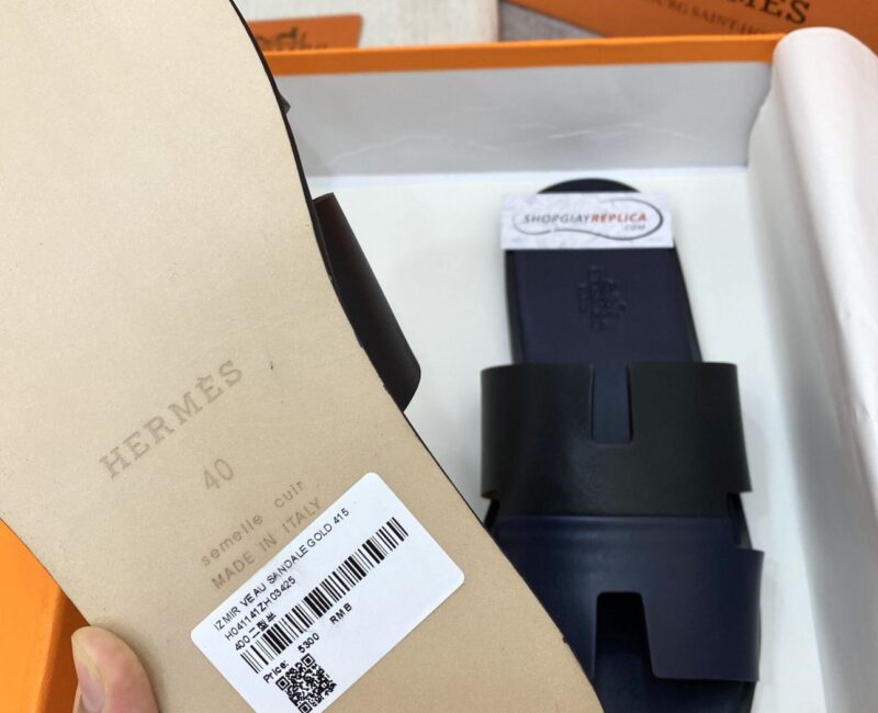 Dép Hermes Nam da Trơn 2 Màu (Bicolor) Xanh Đen