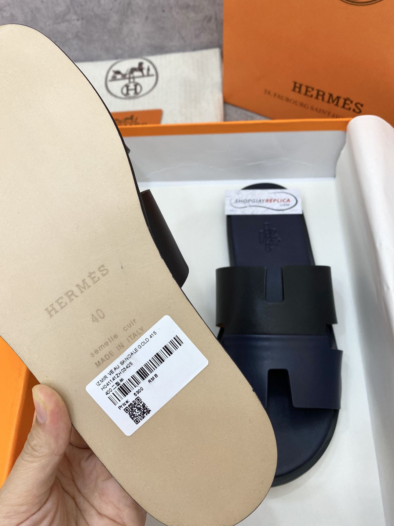 Dép Hermes Nam da Trơn 2 Màu (Bicolor) Xanh Đen