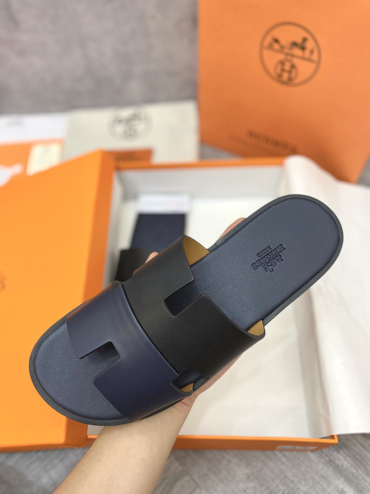 Dép Hermes Nam da Trơn 2 Màu (Bicolor) Xanh Đen