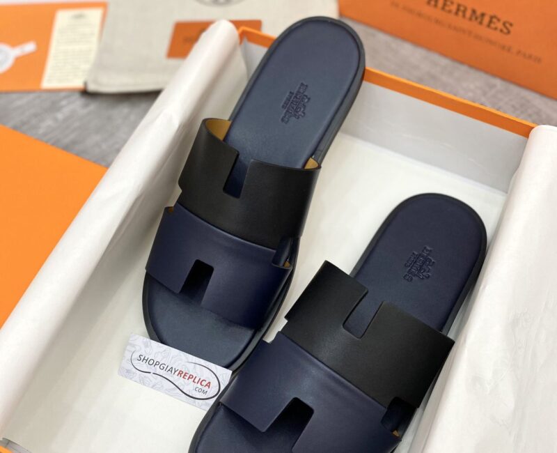 Dép Hermes Nam da Trơn 2 Màu (Bicolor) Xanh Đen