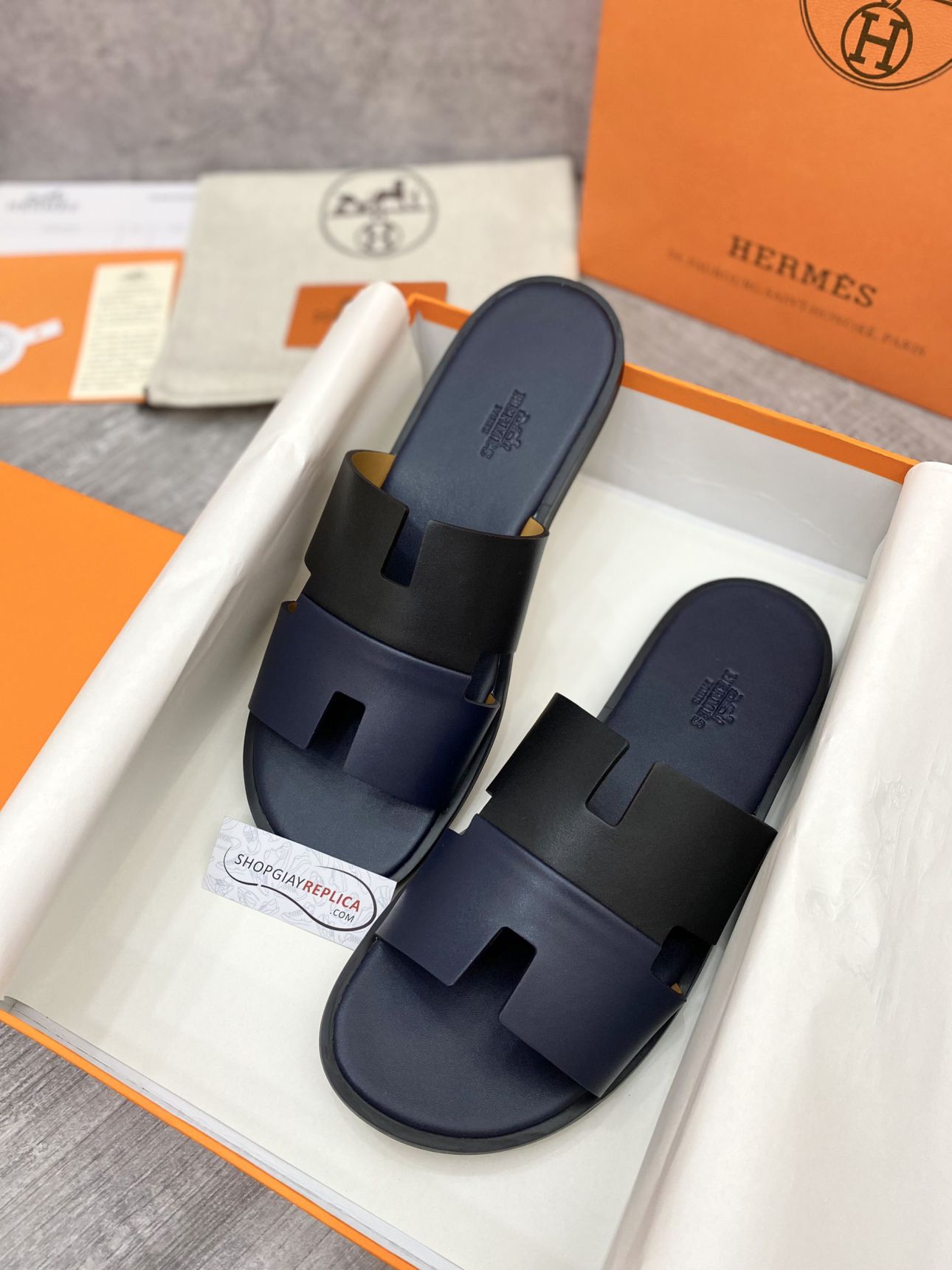 Dép Hermes Nam da Trơn 2 Màu (Bicolor) Xanh Đen