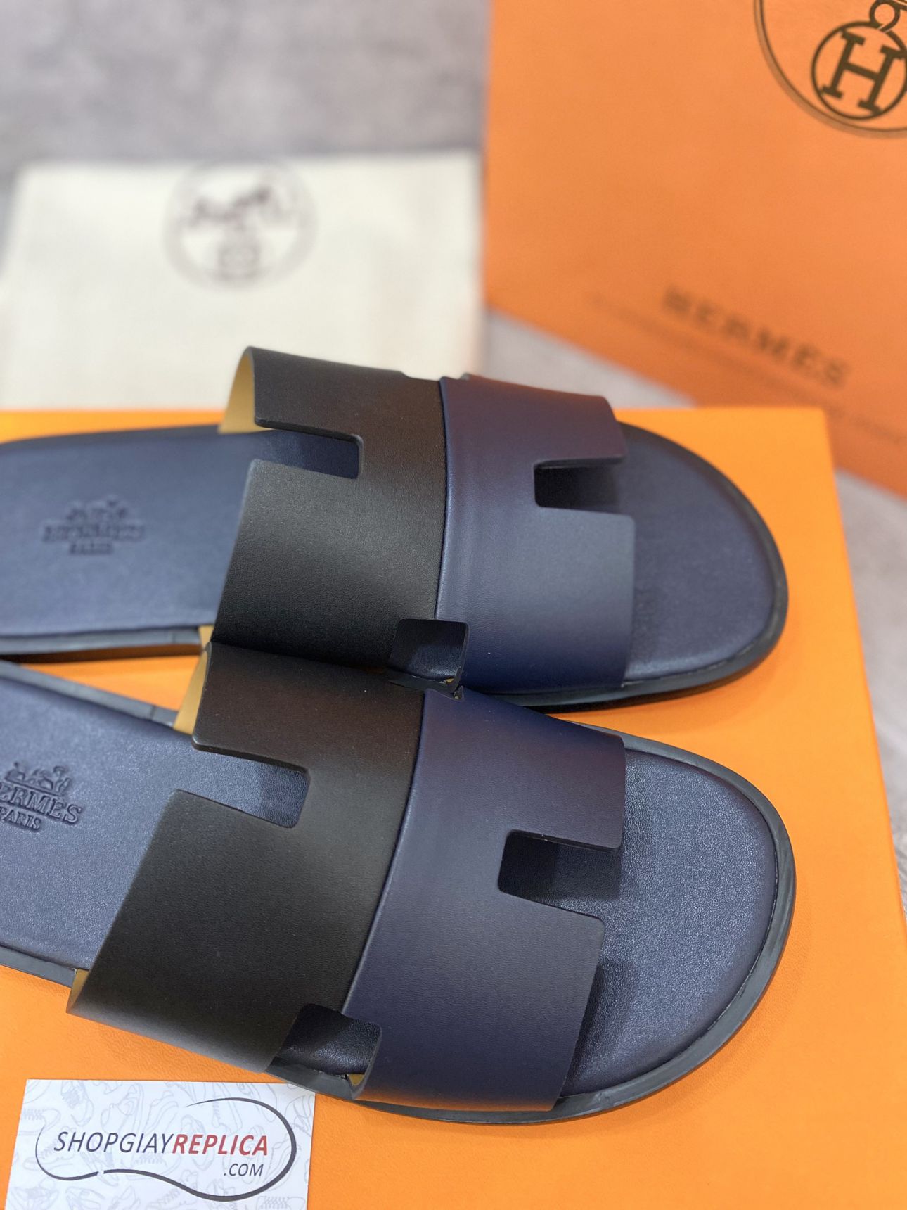 Dép Hermes Nam da Trơn 2 Màu (Bicolor) Xanh Đen