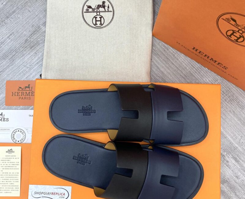 Dép Hermes Nam da Trơn 2 Màu (Bicolor) Xanh Đen