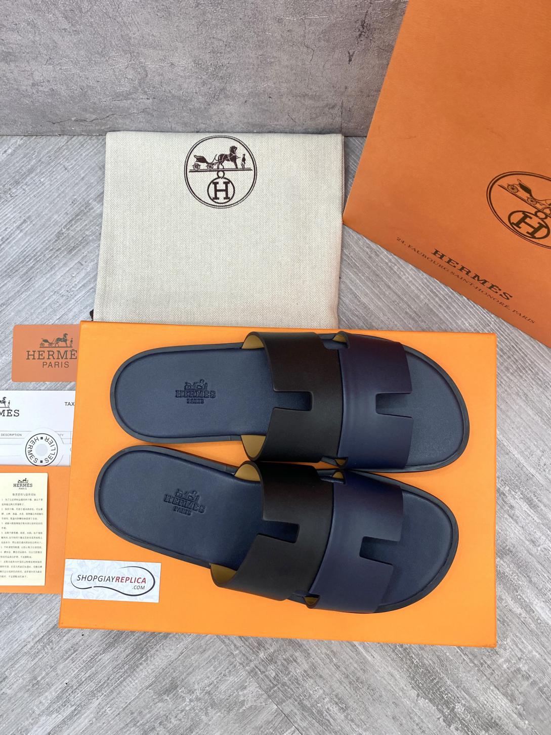 Dép Hermes Nam da Trơn 2 Màu (Bicolor) Xanh Đen