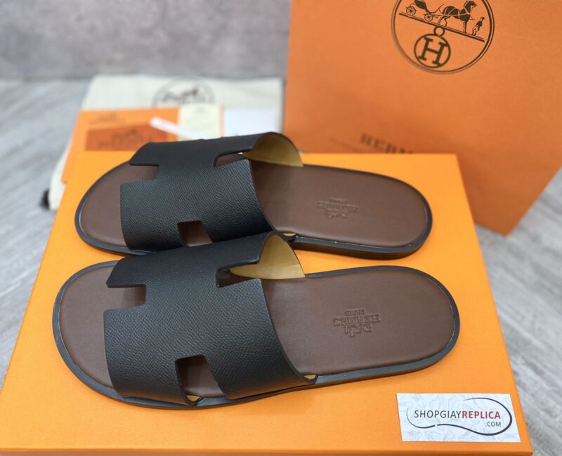 Dép Hermes Nam da Epsom (Sần) Màu Đen đế Nâu