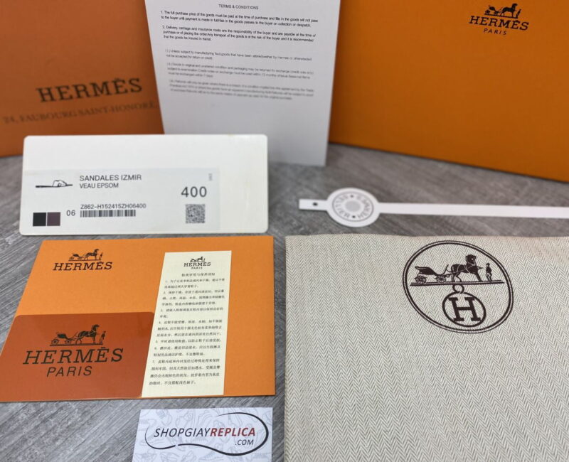 phụ kiện full Dép Hermes Nam da Epsom (Sần) Màu Đen đế Nâu Siêu Cấp