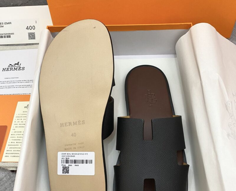 Dép Hermes Nam da Epsom (Sần) Màu Đen đế Nâu