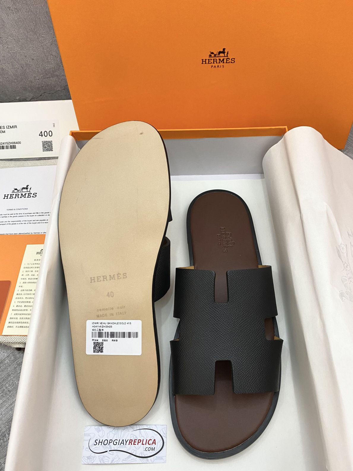 Dép Hermes Nam da Epsom (Sần) Màu Đen đế Nâu