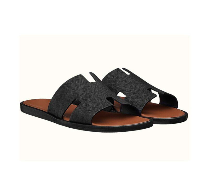 Dép Hermes Nam da Epsom (Sần) Màu Đen đế Nâu