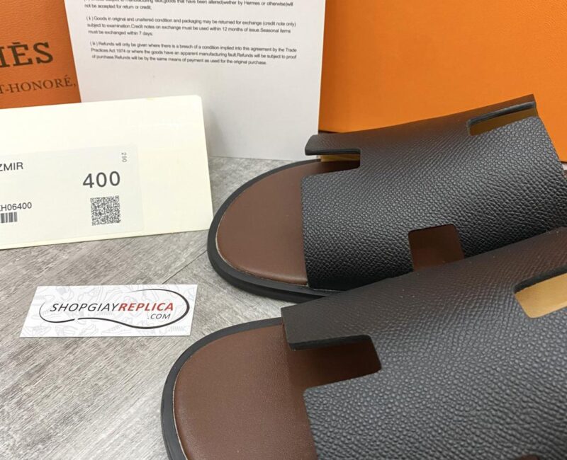 Dép Hermes Nam da Epsom (Sần) Màu Đen đế Nâu