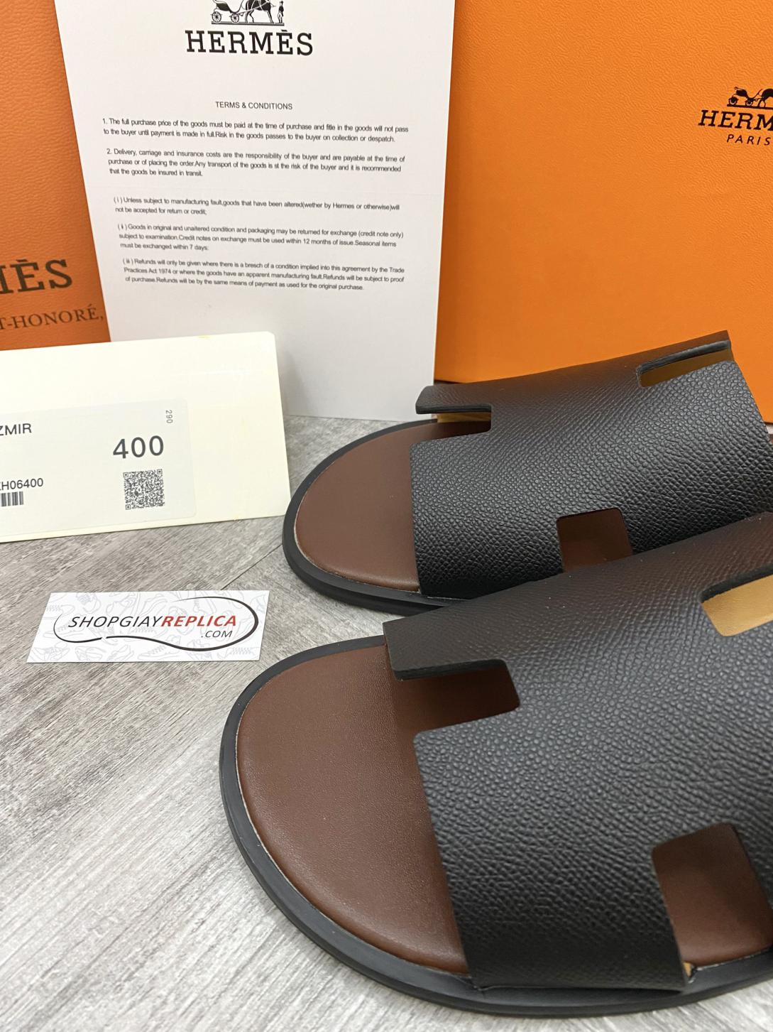 Dép Hermes Nam da Epsom (Sần) Màu Đen đế Nâu