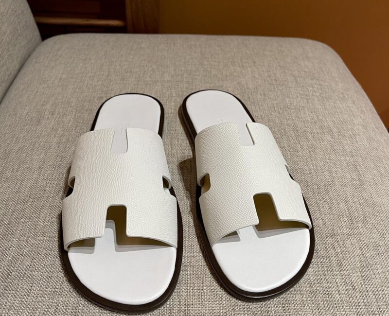 Dép Hermes Nam da Epsom (Sần) Full Trắng đế Viền Đen