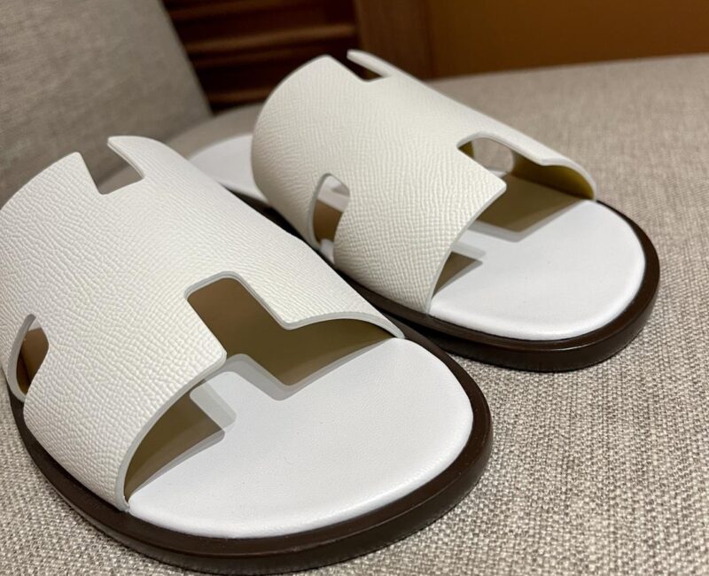 Dép Hermes Nam da Epsom (Sần) Full Trắng đế Viền Đen