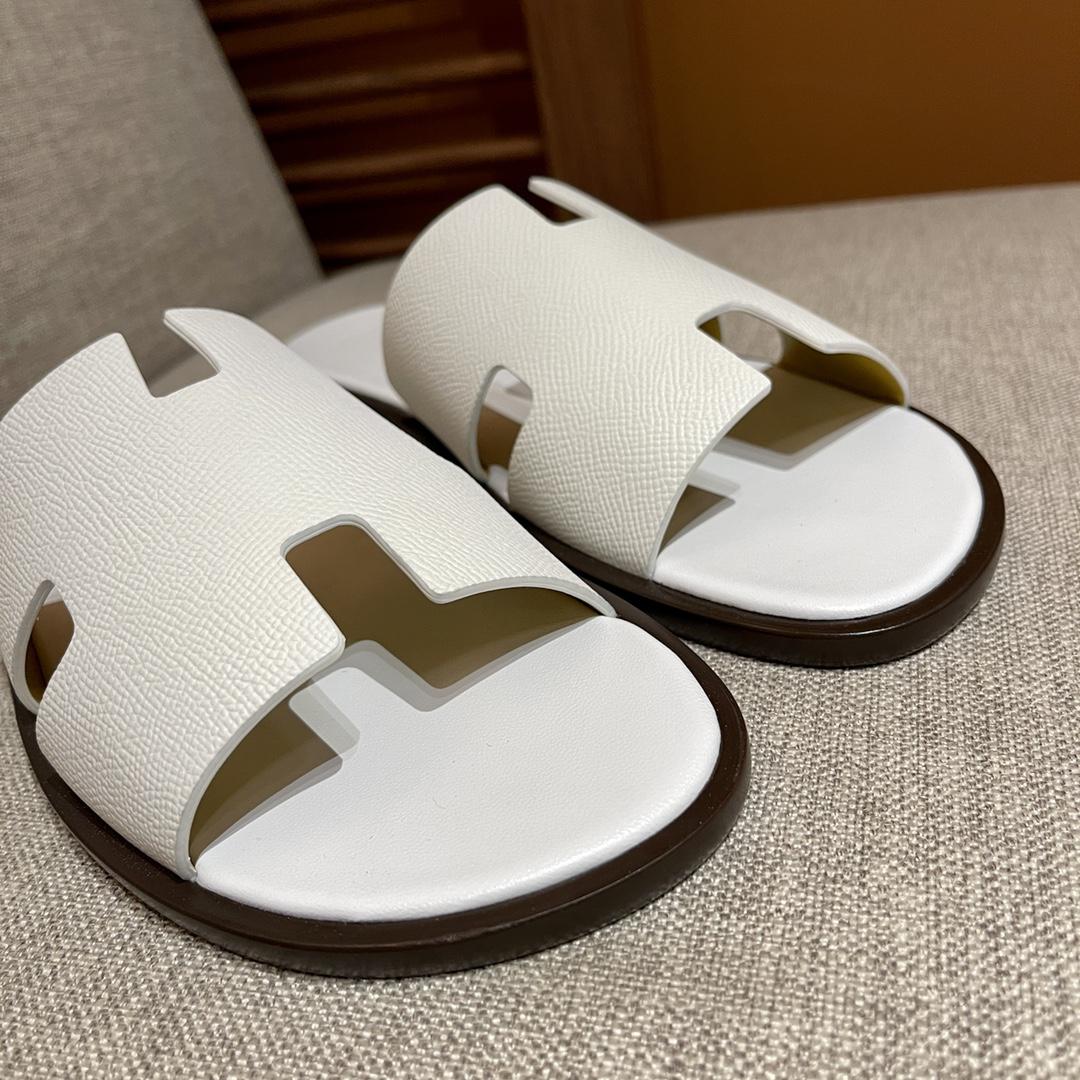 Dép Hermes Nam da Epsom (Sần) Full Trắng đế Viền Đen