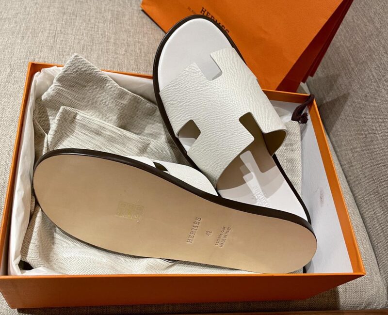 Dép Hermes Nam da Epsom (Sần) Full Trắng đế Viền Đen