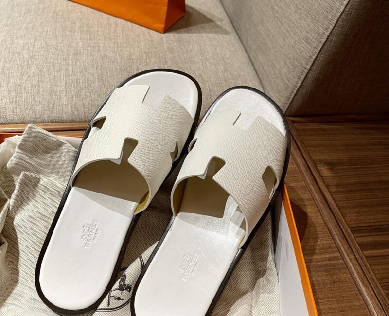 Dép Hermes Nam da Epsom (Sần) Full Trắng đế Viền Đen