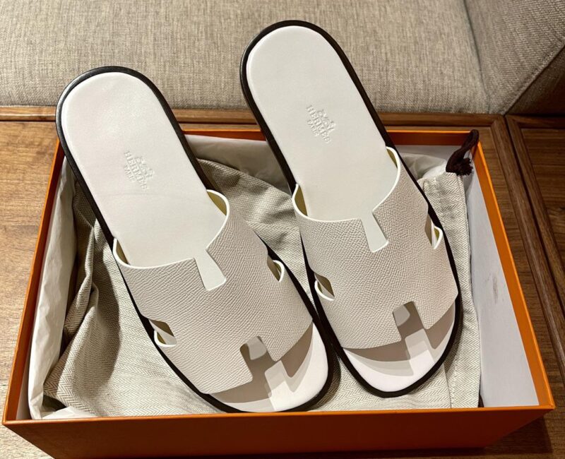 Dép Hermes Nam da Epsom (Sần) Full Trắng đế Viền Đen