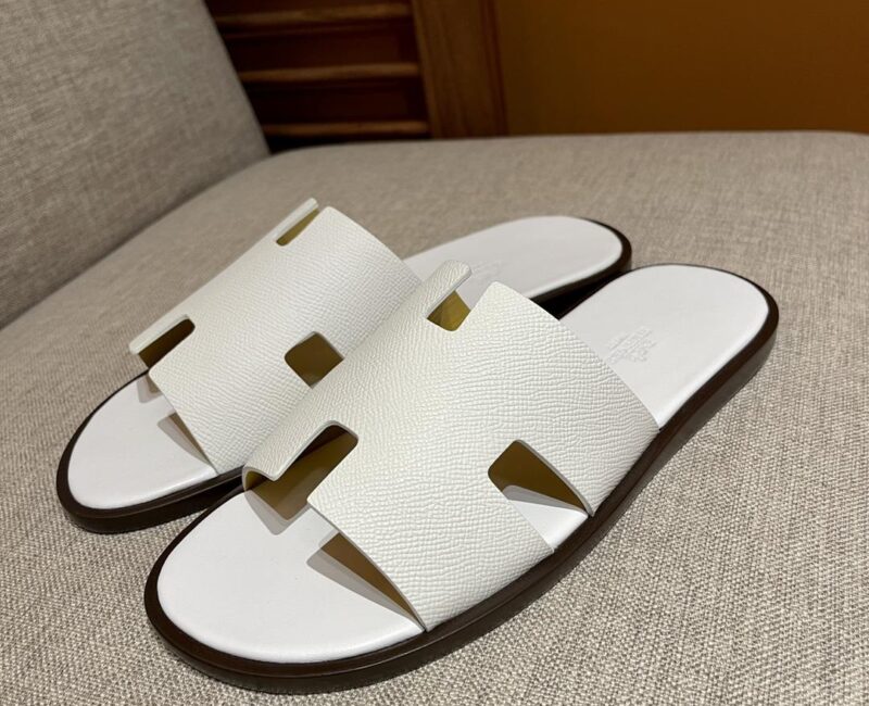 Dép Hermes Nam da Epsom (Sần) Full Trắng đế Viền Đen