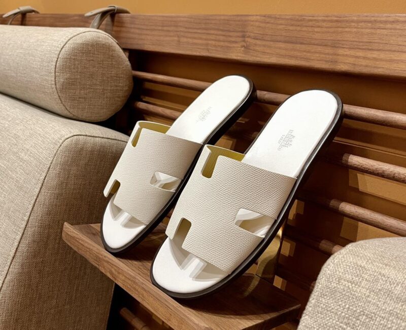 Dép Hermes Nam da Epsom (Sần) Full Trắng đế Viền Đen