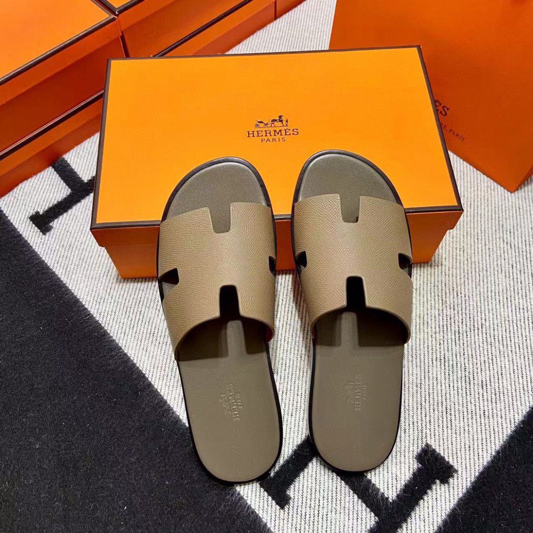 Dép Hermes Nam Da Epsom (Sần) Màu Rêu Like Auth