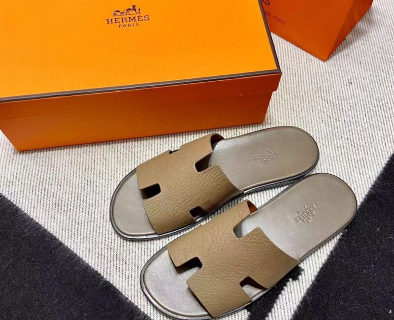 Dép Hermes Nam Da Epsom (Sần) Màu Rêu Like Auth