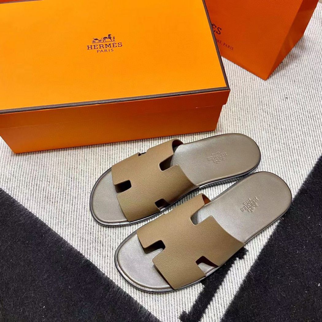 Dép Hermes Nam Da Epsom (Sần) Màu Rêu Like Auth