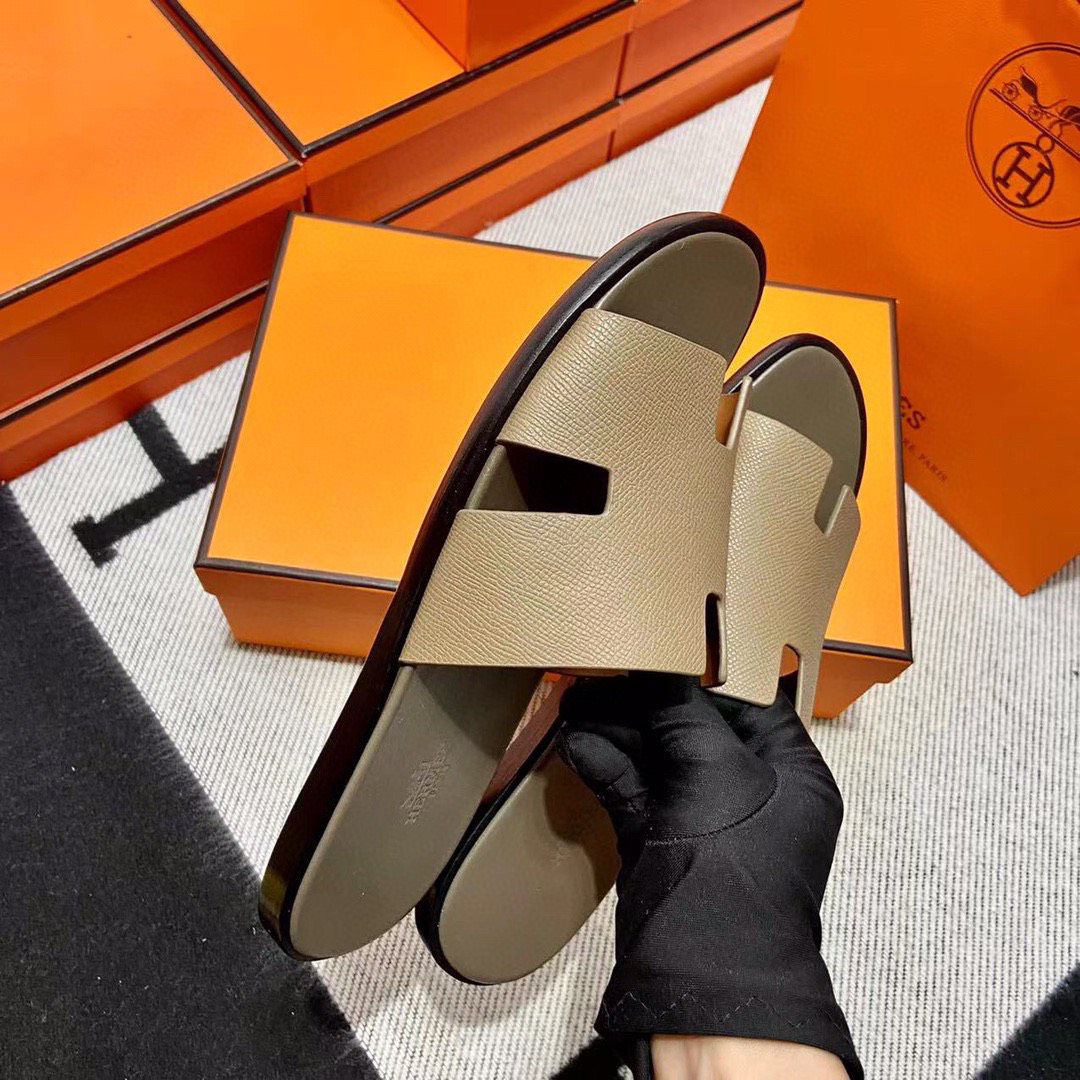 Dép Hermes Nam Da Epsom (Sần) Màu Rêu Like Auth