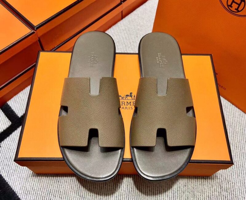 Dép Hermes Nam Da Epsom (Sần) Màu Rêu Like Auth