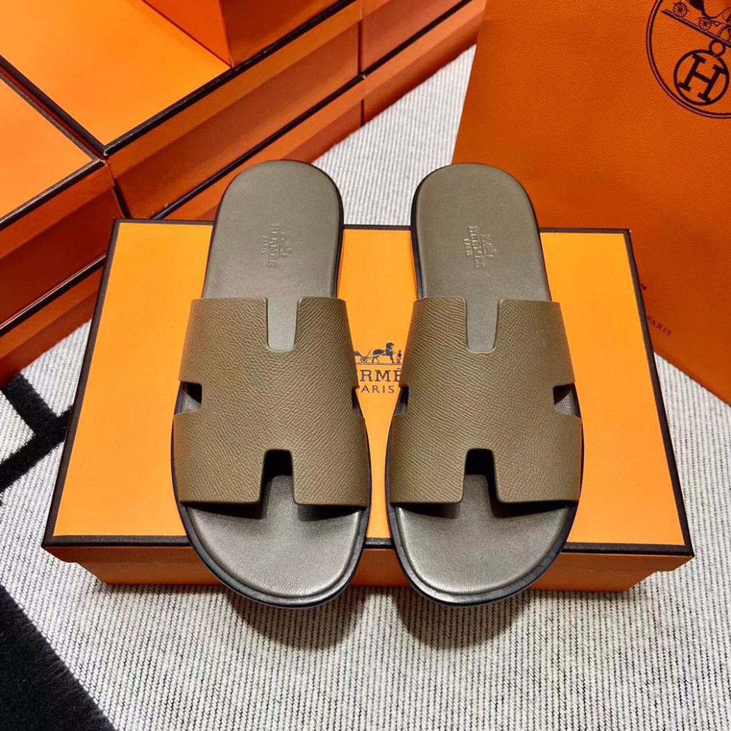 Dép Hermes Nam Da Epsom (Sần) Màu Rêu Like Auth