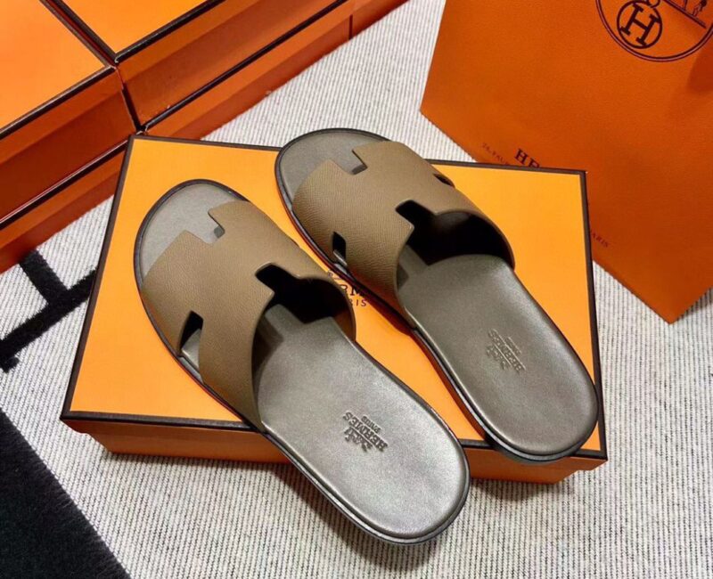 Dép Hermes Nam Da Epsom (Sần) Màu Rêu Like Auth