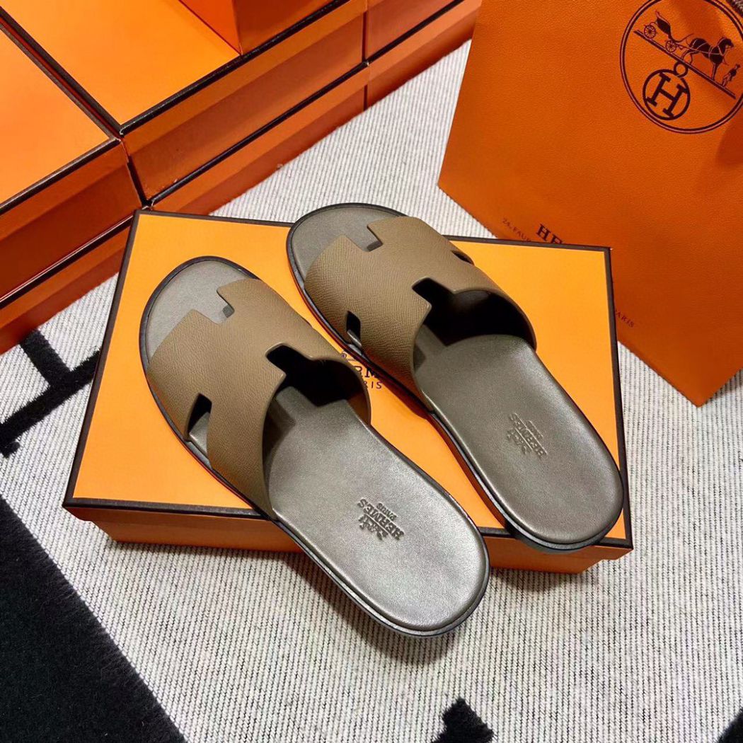 Dép Hermes Nam Da Epsom (Sần) Màu Rêu Like Auth