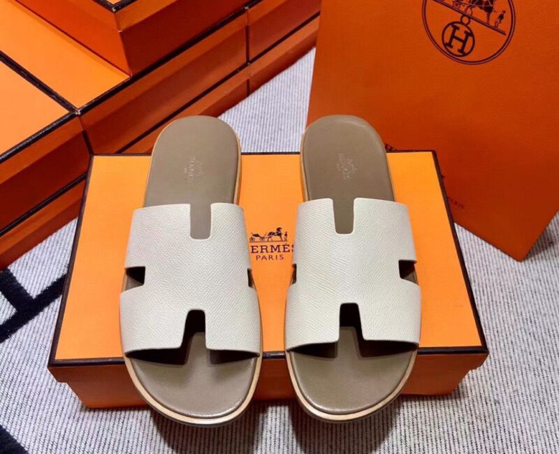 Dép Hermes Izmir da Epsom (Sần) Màu Trắng đế Nâu Like Auth