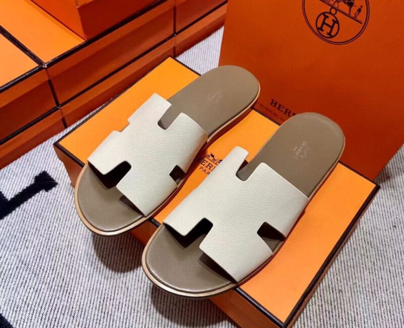 Dép Hermes Izmir da Epsom (Sần) Màu Trắng đế Nâu Like Auth