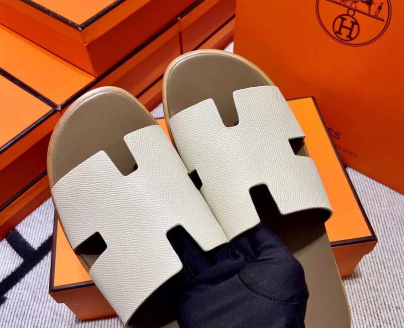 Dép Hermes Izmir da Epsom (Sần) Màu Trắng đế Nâu Like Auth