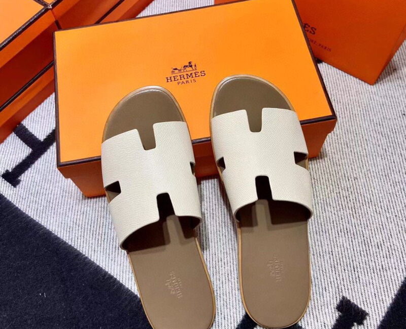 Dép Hermes Izmir da Epsom (Sần) Màu Trắng đế Nâu Like Auth