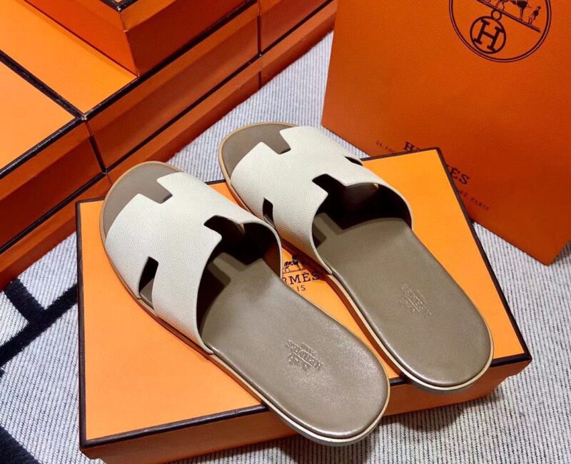 Dép Hermes Izmir da Epsom (Sần) Màu Trắng đế Nâu Like Auth