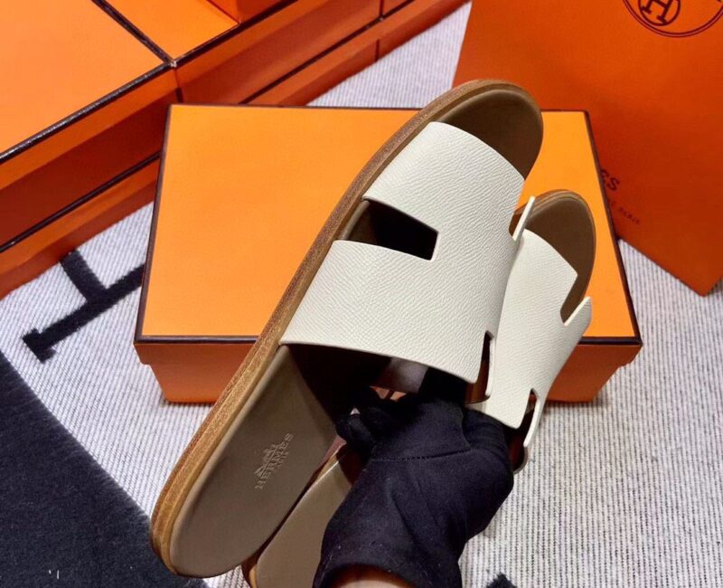 Dép Hermes Izmir da Epsom (Sần) Màu Trắng đế Nâu Like Auth