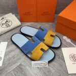 Dép Hermes Nam da Lộn 2 Màu (Bicolor) Xanh Vàng Like Auth Đế Gỗ