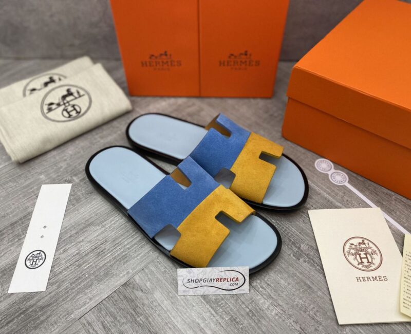 Dép Hermes Nam da Lộn 2 Màu (Bicolor) Xanh Vàng Like Auth Đế Gỗ