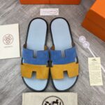 Dép Hermes Nam da Lộn 2 Màu (Bicolor) Xanh Vàng Like Auth Đế Gỗ