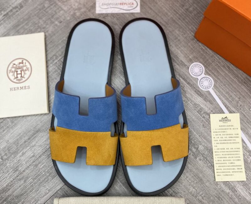 Dép Hermes Nam da Lộn 2 Màu (Bicolor) Xanh Vàng Like Auth Đế Gỗ