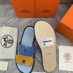 Dép Hermes Nam da Lộn 2 Màu (Bicolor) Xanh Vàng Like Auth Đế Gỗ