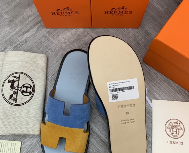 Dép Hermes Nam da Lộn 2 Màu (Bicolor) Xanh Vàng Like Auth Đế Gỗ