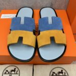 Dép Hermes Nam da Lộn 2 Màu (Bicolor) Xanh Vàng Like Auth Đế Gỗ